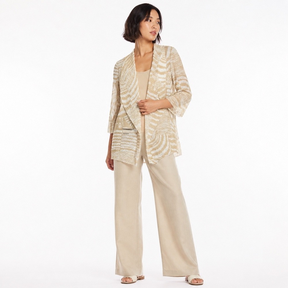 Chico's Women's Sheer Beige Geometric Long Jacket Size S Travel Lagenlook Lagom